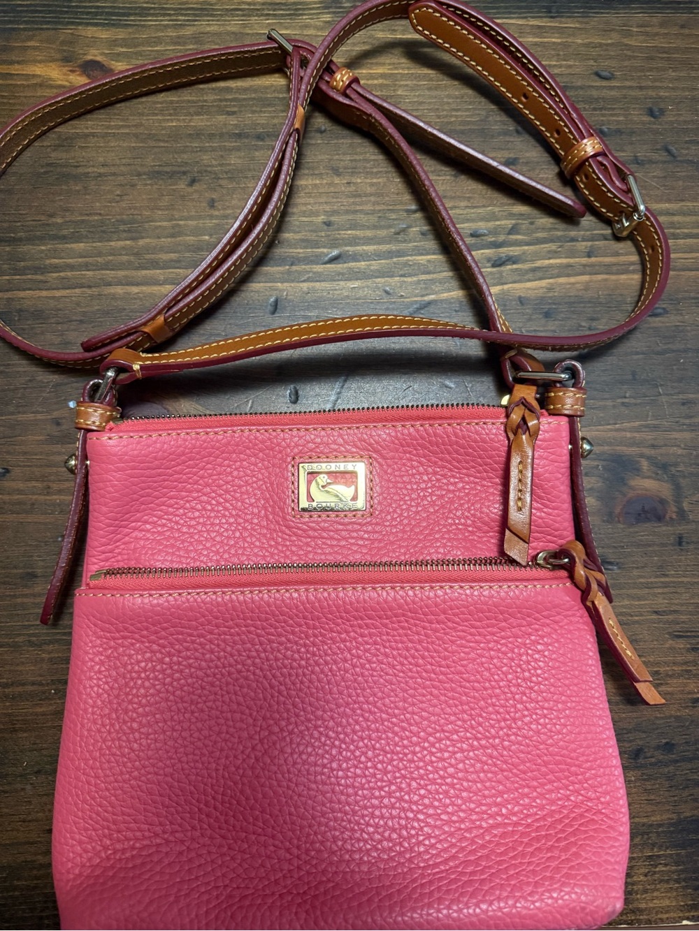 Dooney & Bourke Raspberry Pink Pebbled Leather Crossbody with Brown Trim